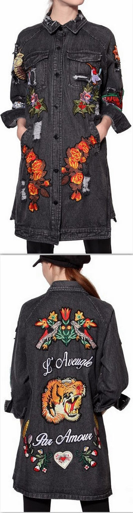 'L'aveugle Par Amour' Applique Floral Embellished Sequin Long Distressed Denim Jacket - DESIGNER INSPIRED FASHIONS
