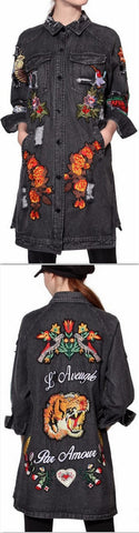 'L'aveugle Par Amour' Applique Floral Embellished Sequin Long Distressed Denim Jacket - DESIGNER INSPIRED FASHIONS