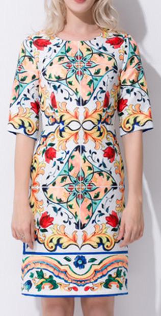 'Majolica' Print Knee Length Dress - Multi Color - DESIGNER INSPIRED FASHIONS