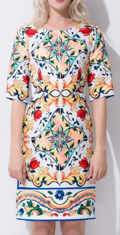 'Majolica' Print Knee Length Dress - Multi Color - DESIGNER INSPIRED FASHIONS