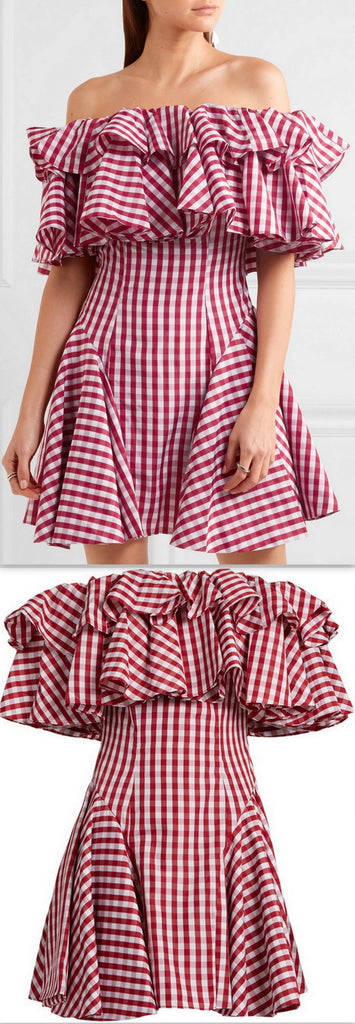 Off-the-Shoulder Gingham Dress - DESIGNER INSPIRED FASHIONS