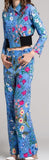 Printed Cropped Jacket & Pant Set-Blue