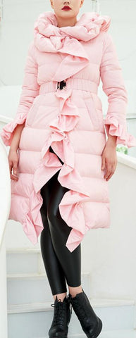 Ruffled Puffer Coat - Pink or Black