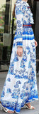 Embellished Ruffled Printed Dress - Blue & White - DESIGNER INSPIRED FASHIONS