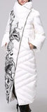 Printed Paneled Long Puffer Coat, White
