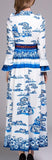 Embellished Ruffled Printed Dress - Blue & White - DESIGNER INSPIRED FASHIONS
