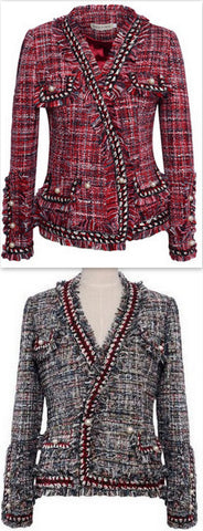 Fringed Tweed Knit Jacket in Red or Grey - DESIGNER INSPIRED FASHIONS