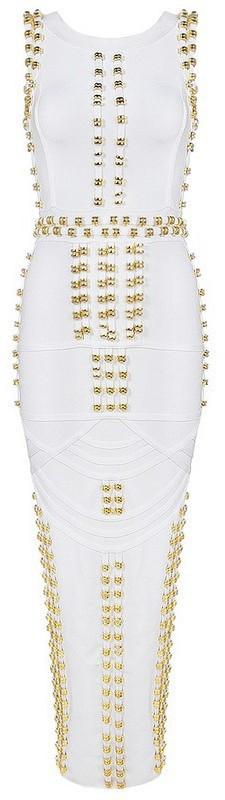 'Bradshaw' Gold Beaded Long Dress - White - DESIGNER INSPIRED FASHIONS