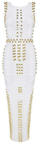 'Bradshaw' Gold Beaded Long Dress - White - DESIGNER INSPIRED FASHIONS