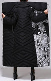 Printed Paneled Long Puffer Coat, Black