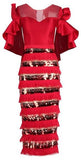 Sequin-Paneled Ruffled-Sleeve Evening Dress