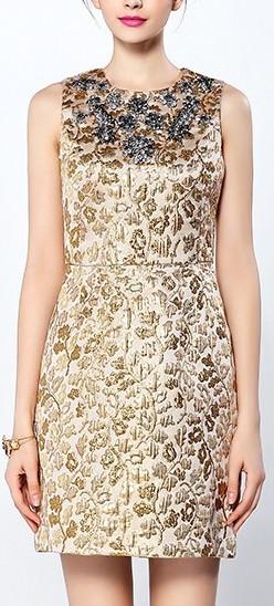 Rhinestone Embellished Gold Jacquard Sleeveless Mini Dress - DESIGNER INSPIRED FASHIONS