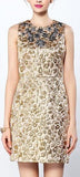 Rhinestone Embellished Gold Jacquard Sleeveless Mini Dress - DESIGNER INSPIRED FASHIONS