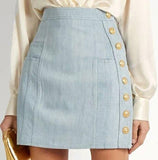 Denim Mini Skirt with Gold Button Embellishments - DESIGNER INSPIRED FASHIONS