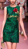 Emerald Green Brocade Dress with Sequined Rose & Writing - DESIGNER INSPIRED FASHIONS