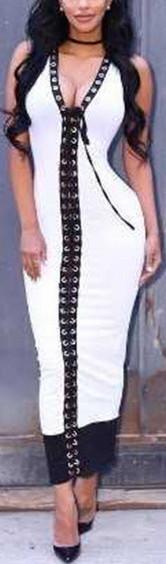 Lace-Up Bodycon Bicolor Dress, White & Black - DESIGNER INSPIRED FASHIONS