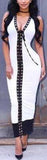 Lace-Up Bodycon Bicolor Dress, White & Black - DESIGNER INSPIRED FASHIONS