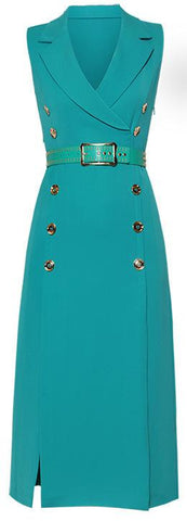 Belted Double-Breasted Midi Vest-Dress, Blue