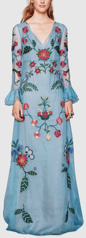 Baby Blue Floral Embroidered Long Silk Organza Dress - DESIGNER INSPIRED FASHIONS