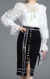 Embroidered Ruffled Lace Blouse & Button-Embellished Printed Skirt - DESIGNER INSPIRED FASHIONS