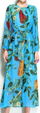 Pepper-Print Blue Long-Sleeve Chiffon Midi Dress