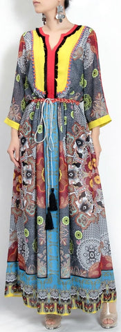 Color-Contrast Tassel-Belted Maxi Dress