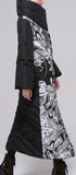 Printed Paneled Long Puffer Coat, Black