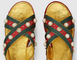 Metallic Leather Pearl-Studded Platform Sandals - DESIGNER INSPIRED FASHIONS