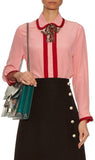 Sequin Neck-Bow Silk Ruffle Oxford Shirt-Pink - DESIGNER INSPIRED FASHIONS