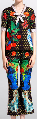 Print Short-Sleeve Top and Cropped Pant Set