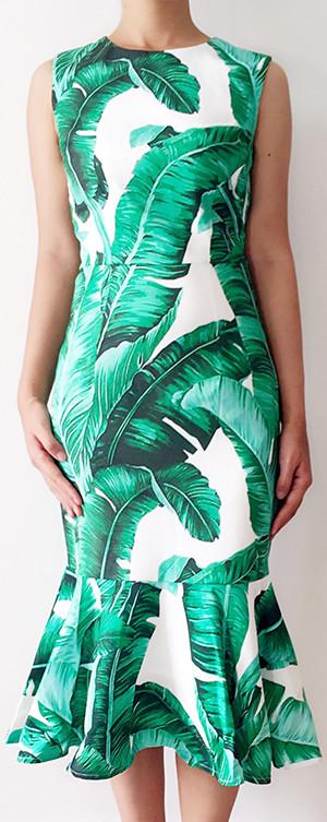 Banana Leaf-Print Sleeveless Fluted-Hem Dress - DESIGNER INSPIRED FASHIONS