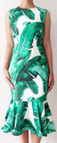 Banana Leaf-Print Sleeveless Fluted-Hem Dress - DESIGNER INSPIRED FASHIONS