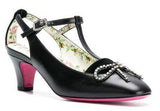 Anita Crystal-Bow Embellished T-bar Leather Pumps