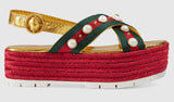 Metallic Leather Pearl-Studded Platform Sandals - DESIGNER INSPIRED FASHIONS