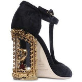 Black Embellished Sacred Heart Brocade Heeled Shoes - DESIGNER INSPIRED FASHIONS