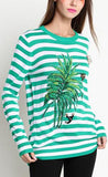 Green Striped Leaf Embroidered Knit Sweater - DESIGNER INSPIRED FASHIONS