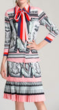 Printed Pussy-Bow Shirt & Pleated Printed Skirt Set