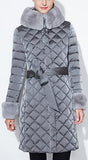 Diamond Padded Fur-Trim Coat, Grey