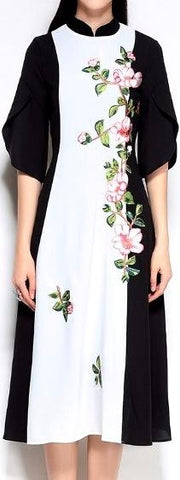 Embroidered Color Block Midi Dress
