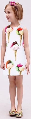 Ice Cream/Gelato Print Dress, White - DESIGNER INSPIRED FASHIONS