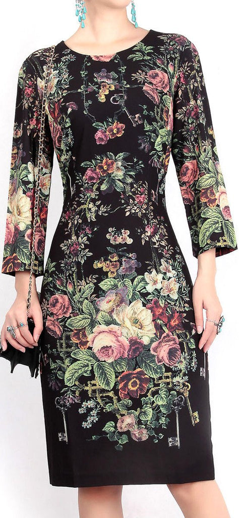 Floral & Key Print Sheath Dress, Black or Dark Green - DESIGNER INSPIRED FASHIONS