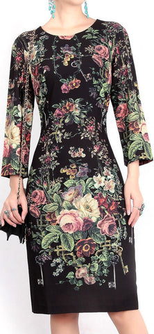 Floral & Key Print Sheath Dress, Black or Dark Green - DESIGNER INSPIRED FASHIONS