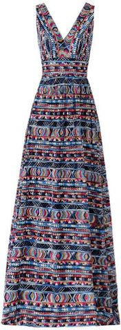 Multicolored Embroidered V-Neck Gown - DESIGNER INSPIRED FASHIONS