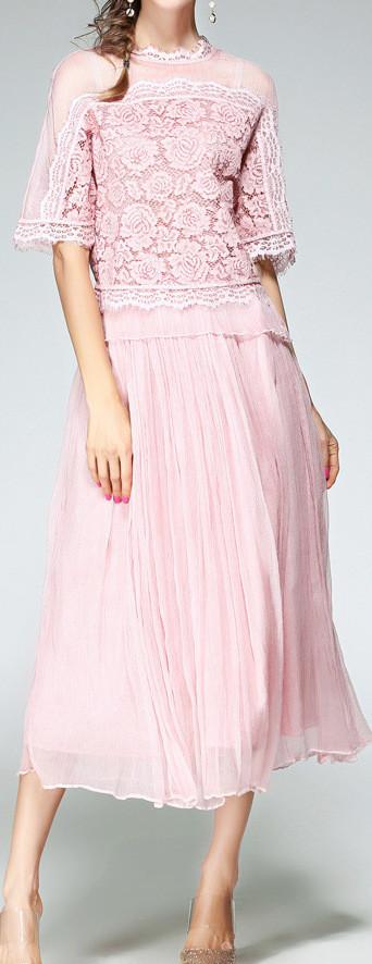 Silk & Lace Blend Top & Skirt Set, Pink - DESIGNER INSPIRED FASHIONS
