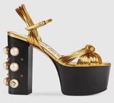 Metallic Leather Platform Sandals, Gold - DESIGNER INSPIRED FASHIONS