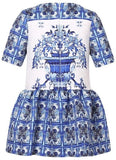 Blue & White Majolica Tile Print Tunic Dress - DESIGNER INSPIRED FASHIONS