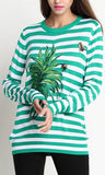 Green Striped Leaf Embroidered Knit Sweater - DESIGNER INSPIRED FASHIONS