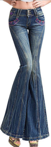 Embroidered Crinkled Faded Flare Jeans - DESIGNER INSPIRED FASHIONS