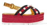 Metallic Leather Pearl-Studded Platform Sandals - DESIGNER INSPIRED FASHIONS