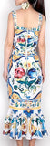 'Majolica' Print Mermaid Hem Midi Dress - Multi Color - DESIGNER INSPIRED FASHIONS